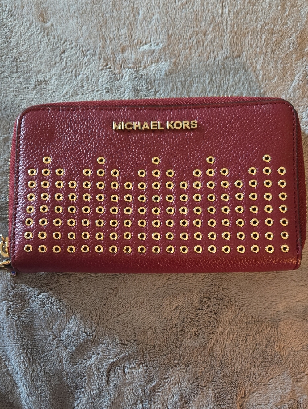 EUC Michael Kors Red Leather Zip Wallet with Gold Eyelet Accents